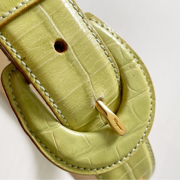 Salvatore Ferragamo lime green croc embossed leather tonal Gancini belt - Picture 3 of 11